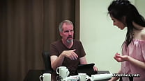 Brunette skinny teen Vera V seduces her stepdad Steve Steel and jumps in his lap then he finger her tight pussy and later he fucks her