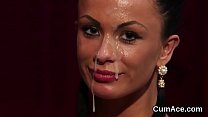 Slutty doll gets sperm shot on her face eating all the jism